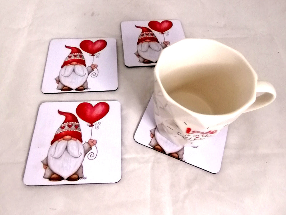 Wooden printed gnome with balloon coasters (set of 4)