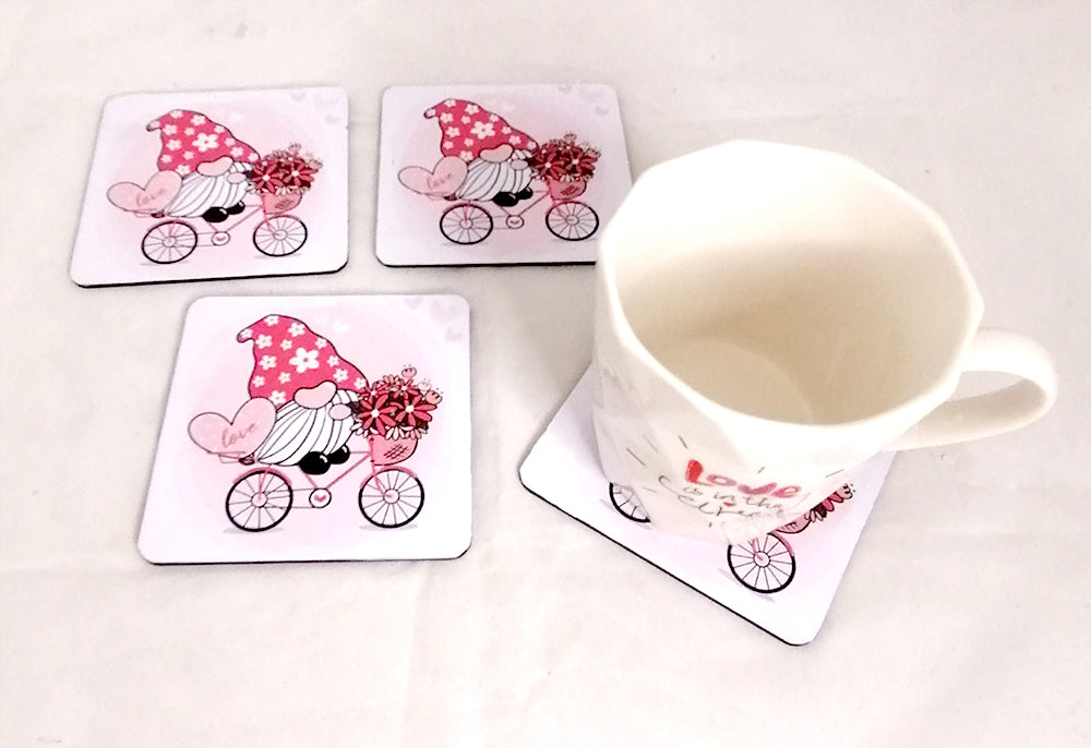 Wooden printed gnome on bike coasters (set of 4)