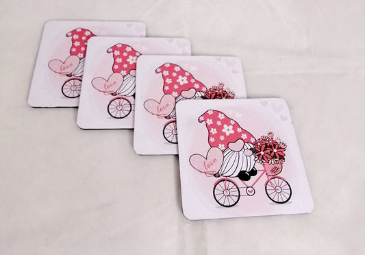 Wooden printed gnome on bike coasters (set of 4)