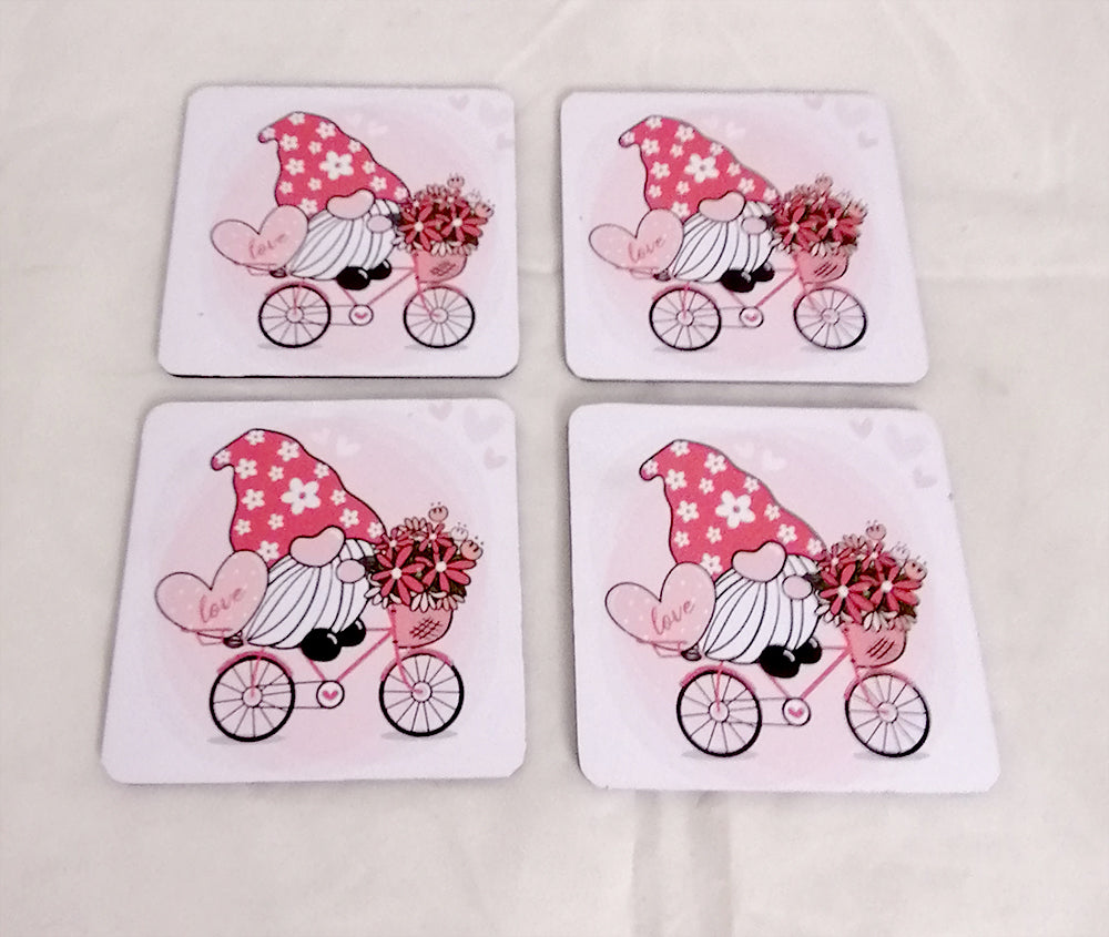 Wooden printed gnome on bike coasters (set of 4)