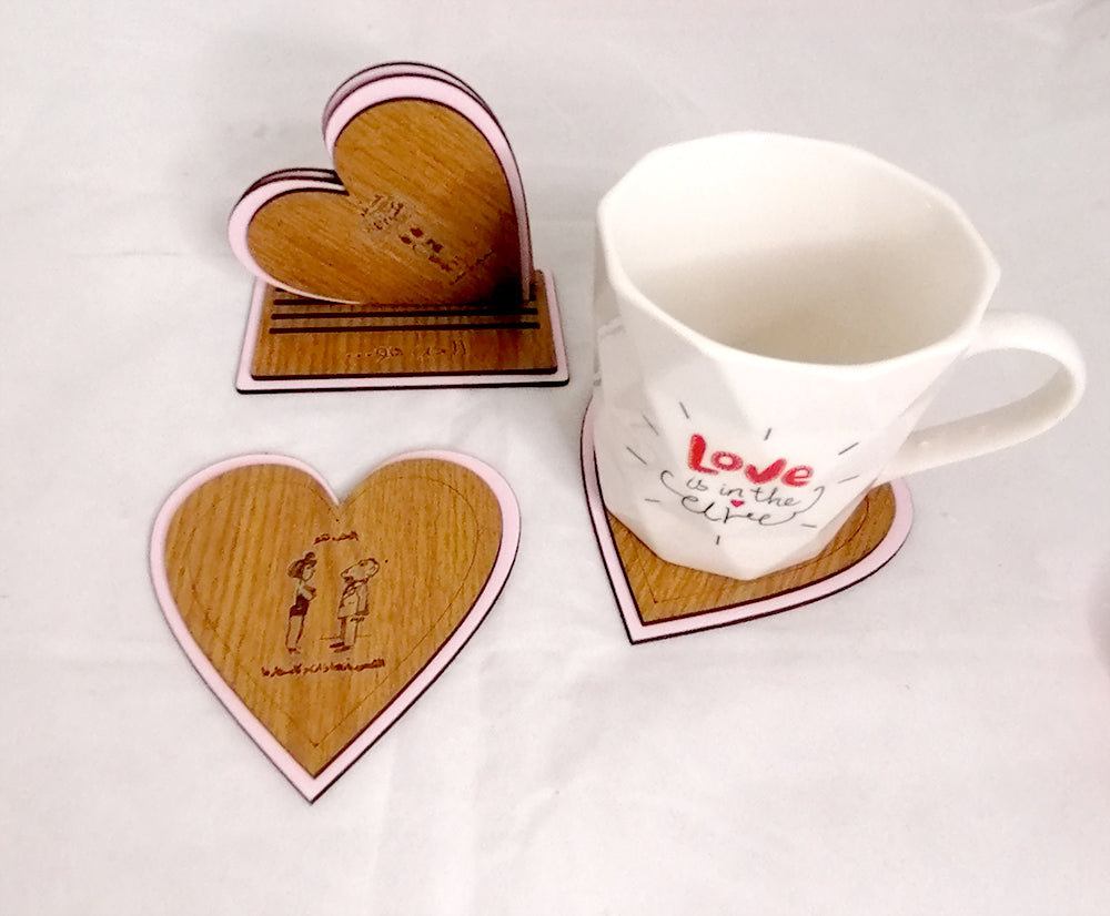 Wooden coasters الحب هو (set of 4) with stand (pink hearts)