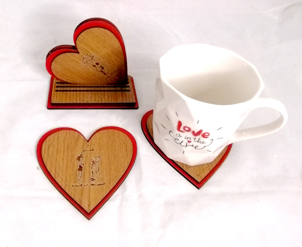 Wooden coasters الحب هو (set of 4) with stand (red hearts)