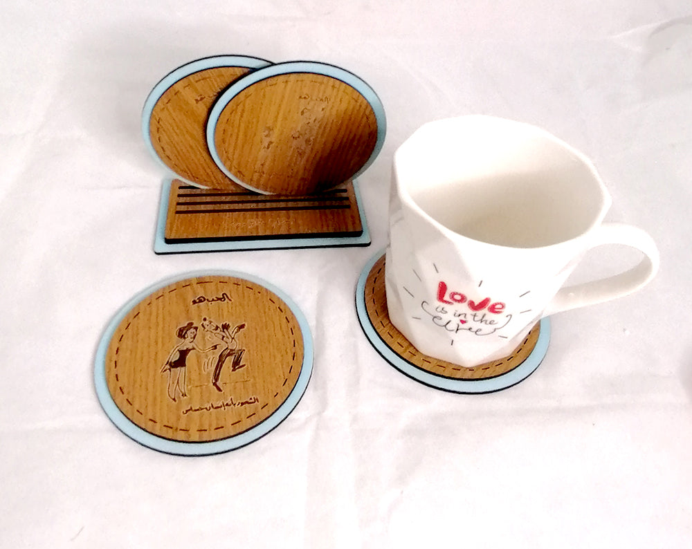 Wooden coasters الحب هو (set of 4) with stand (blue circles)