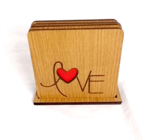 Wooden Love coasters (set of 4) with stand