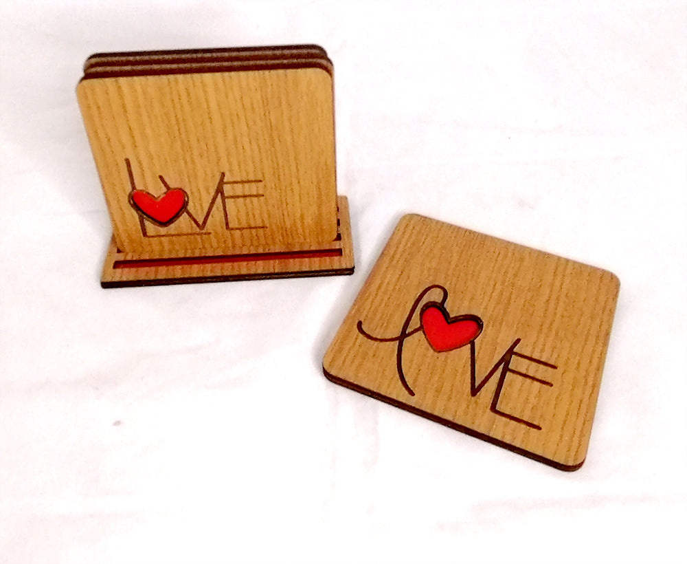 Wooden Love coasters (set of 4) with stand