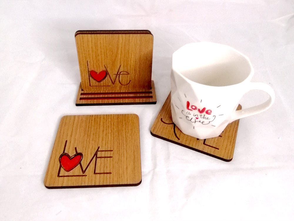 Wooden Love coasters (set of 4) with stand