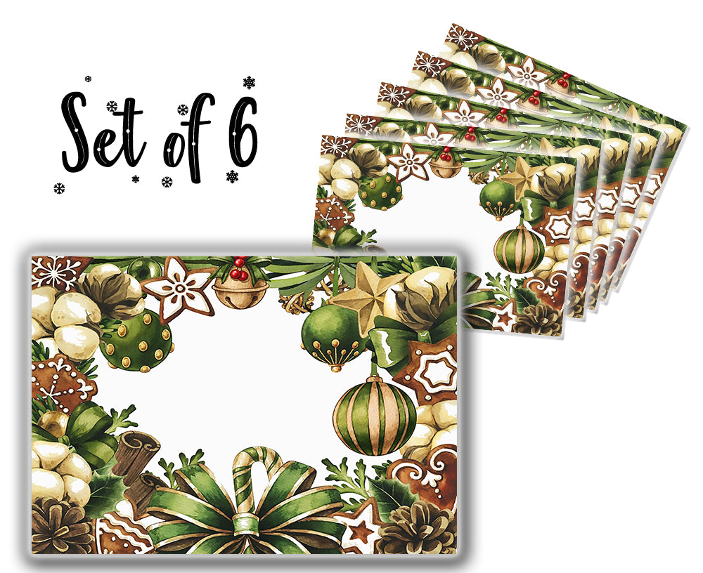 Table mats: Canvas Printed tablemats (Set of 6).. Green Christmas ornaments