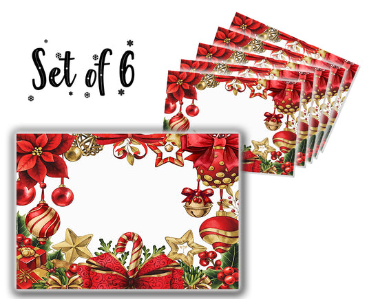 Canvas Printed tablemats (Set of 6).. Red Christmas ornaments