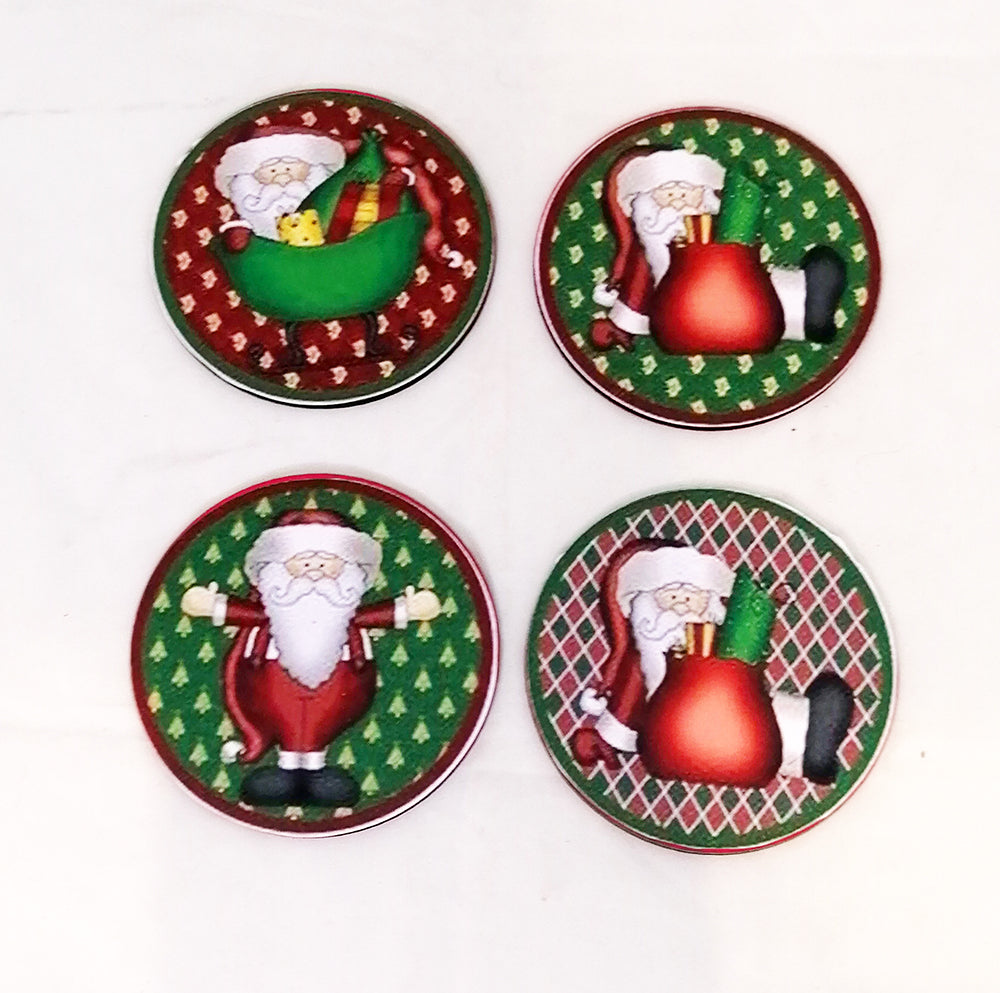 Coaster: Wooden 2D printed Christmas coaster set (rounded santas 2)