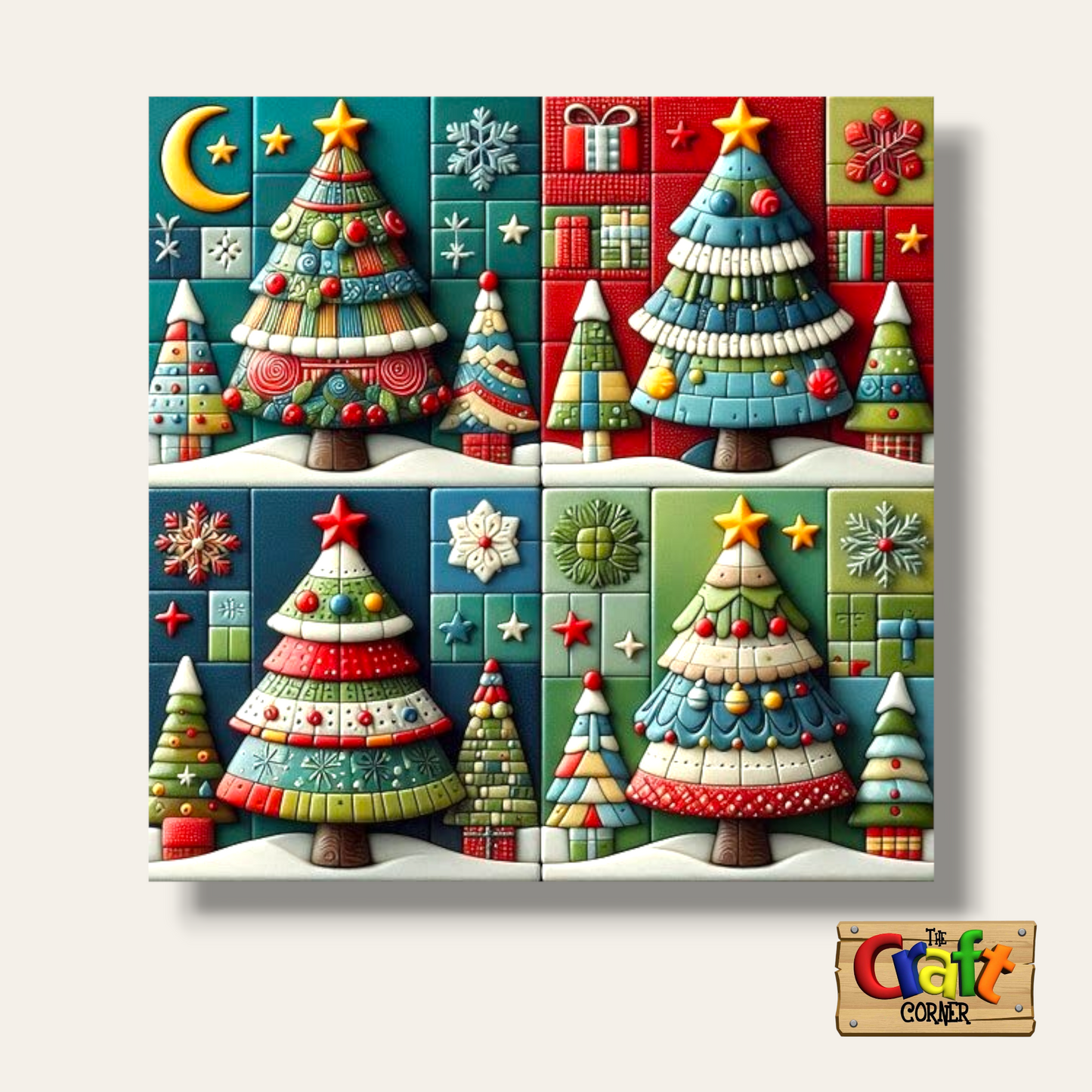 Coaster: Wooden 2D printed Christmas coaster set (Christmas trees patch 2)