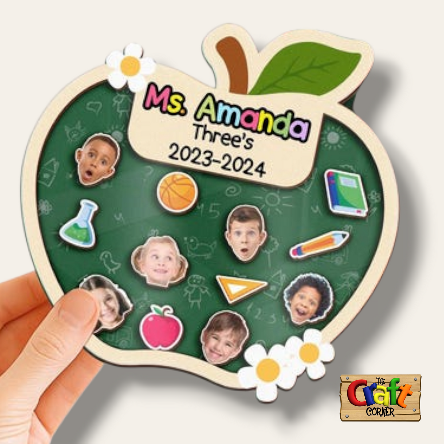 Stand: Wooden apple stand for teacher with student pictures