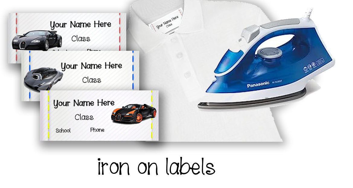 "Cool cars" iron on school labels