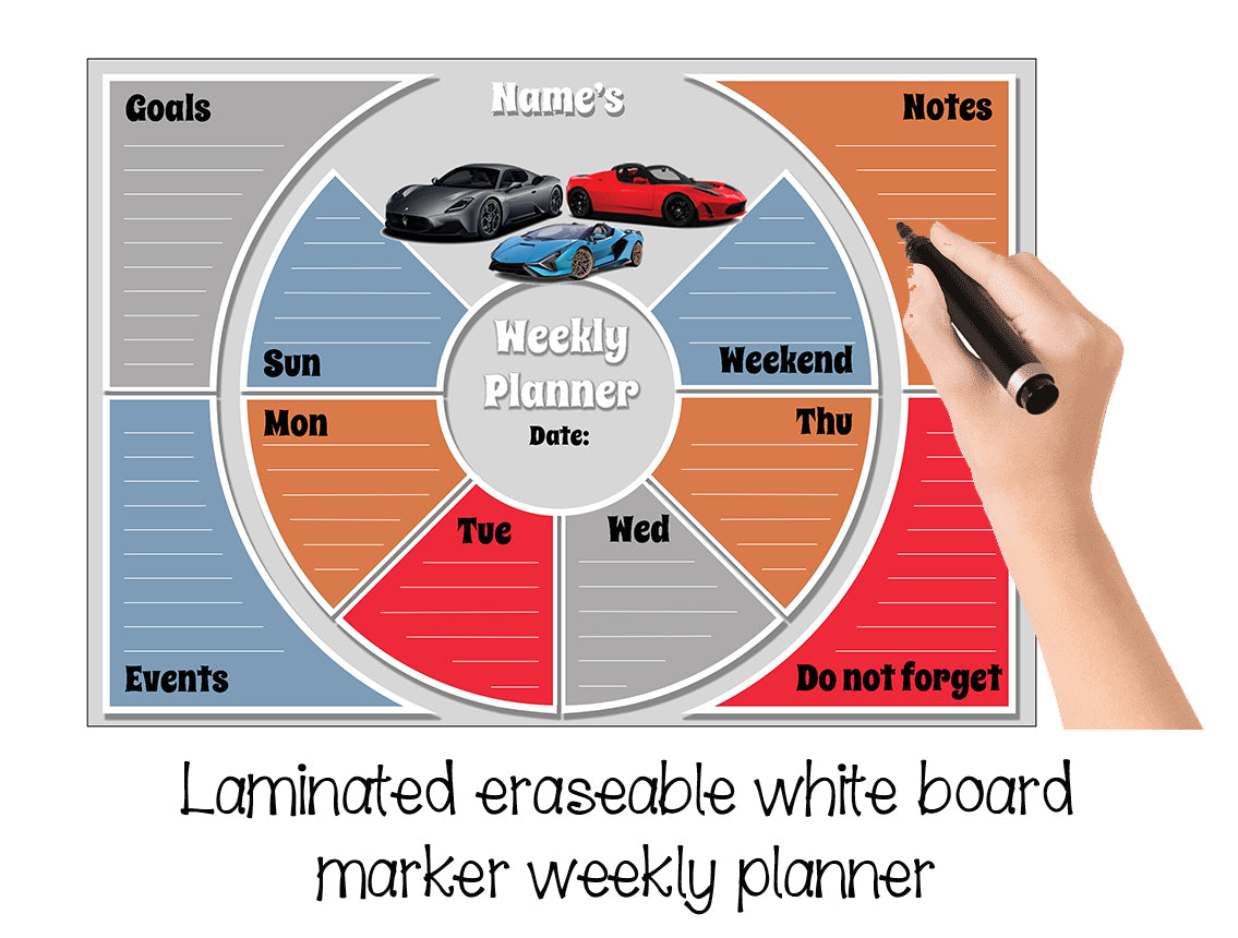 "Cool cars" laminated erasable weekly planner