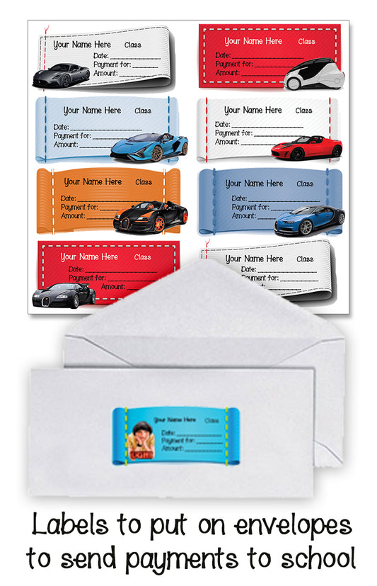 "Cool cars" payment waterproof school labels