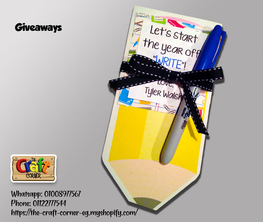 Pencil shaped welcome card with pen