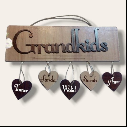 GRANDKIDS wall sign with dangling engraved hearts
