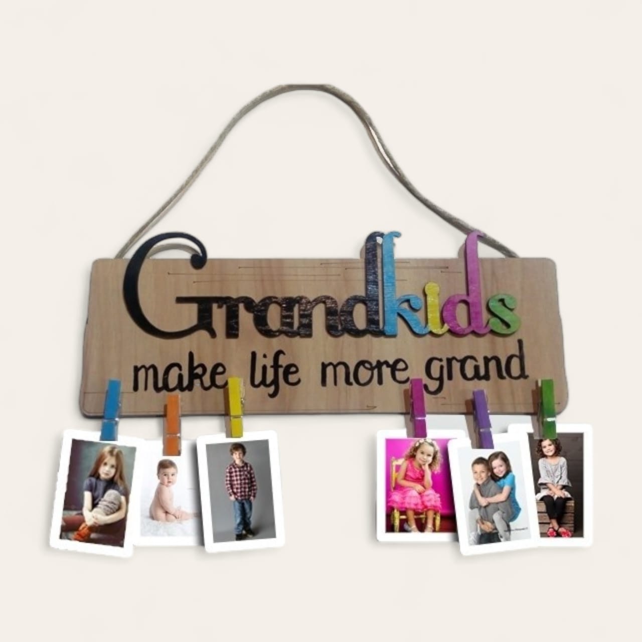 GRANDKIDS wall sign with dangling pictures by wooden pegs