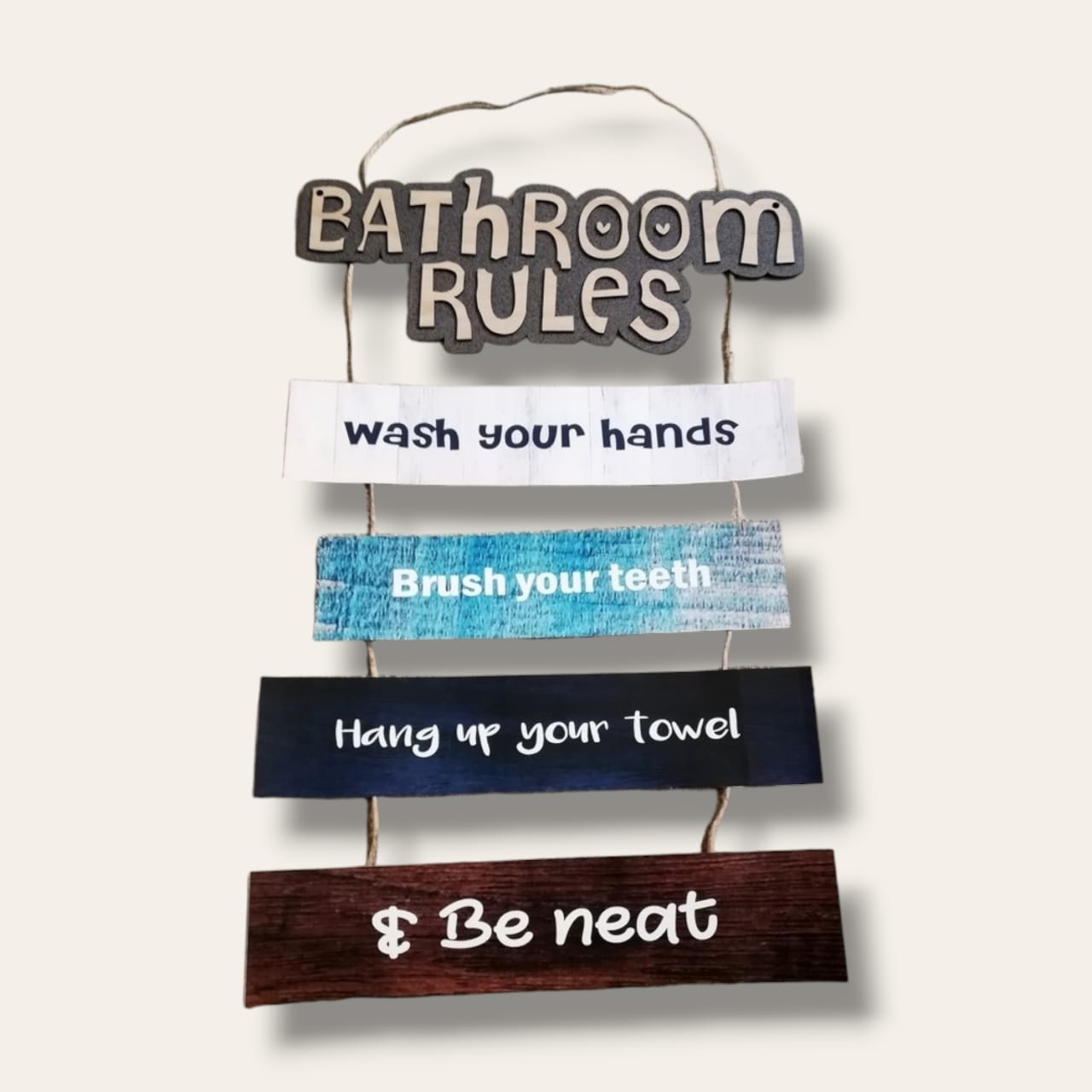 BATHROOM RULES Wooden strips wall art