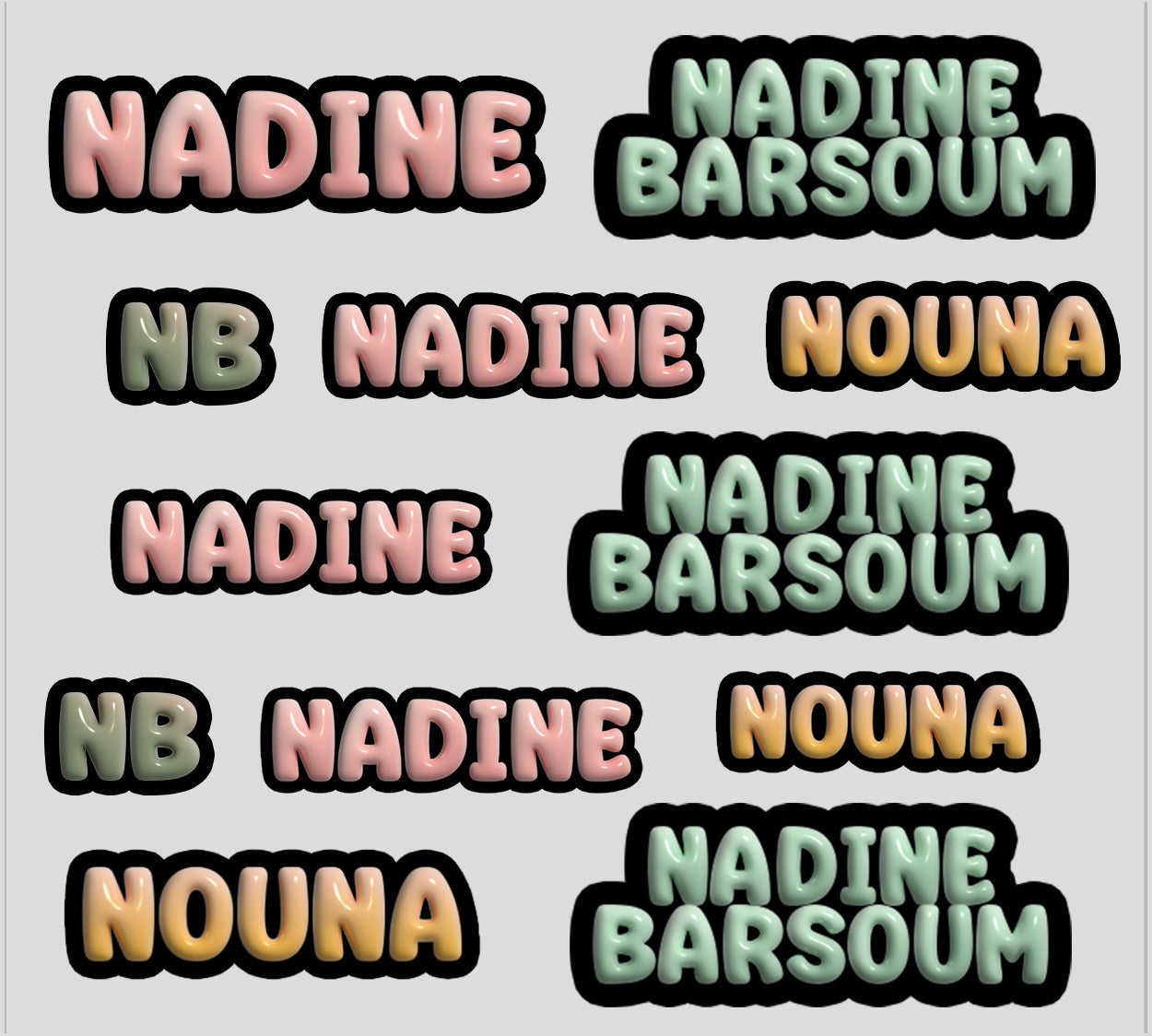 The Craft Corner EG personalized 3D spring-themed name labels in pastel pink, green, and orange with black outlines.