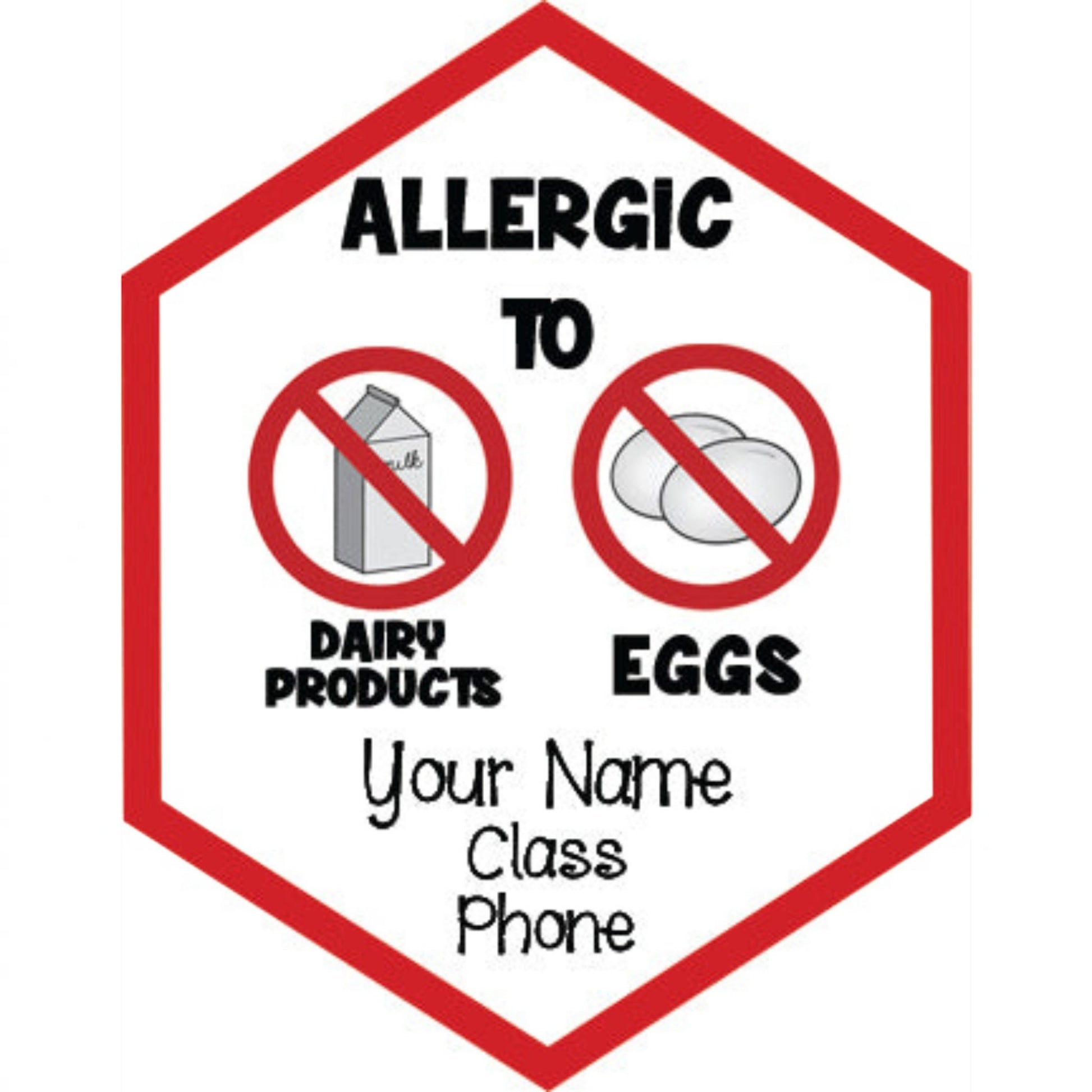 The Craft Corner EG allergy awareness label with dairy and egg icons, featuring space for name, class, and phone number.