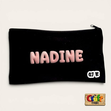 The Craft Corner EG black canvas pencil case featuring a 3D cutout name Nadine in soft pink bubble letters