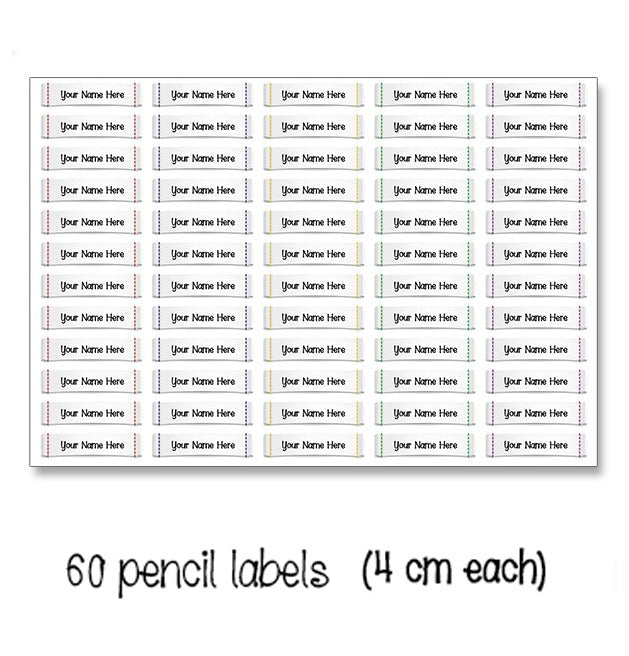 The Craft Corner EG sheet of 60 personalised waterproof pencil labels with colourful stitched-effect borders.