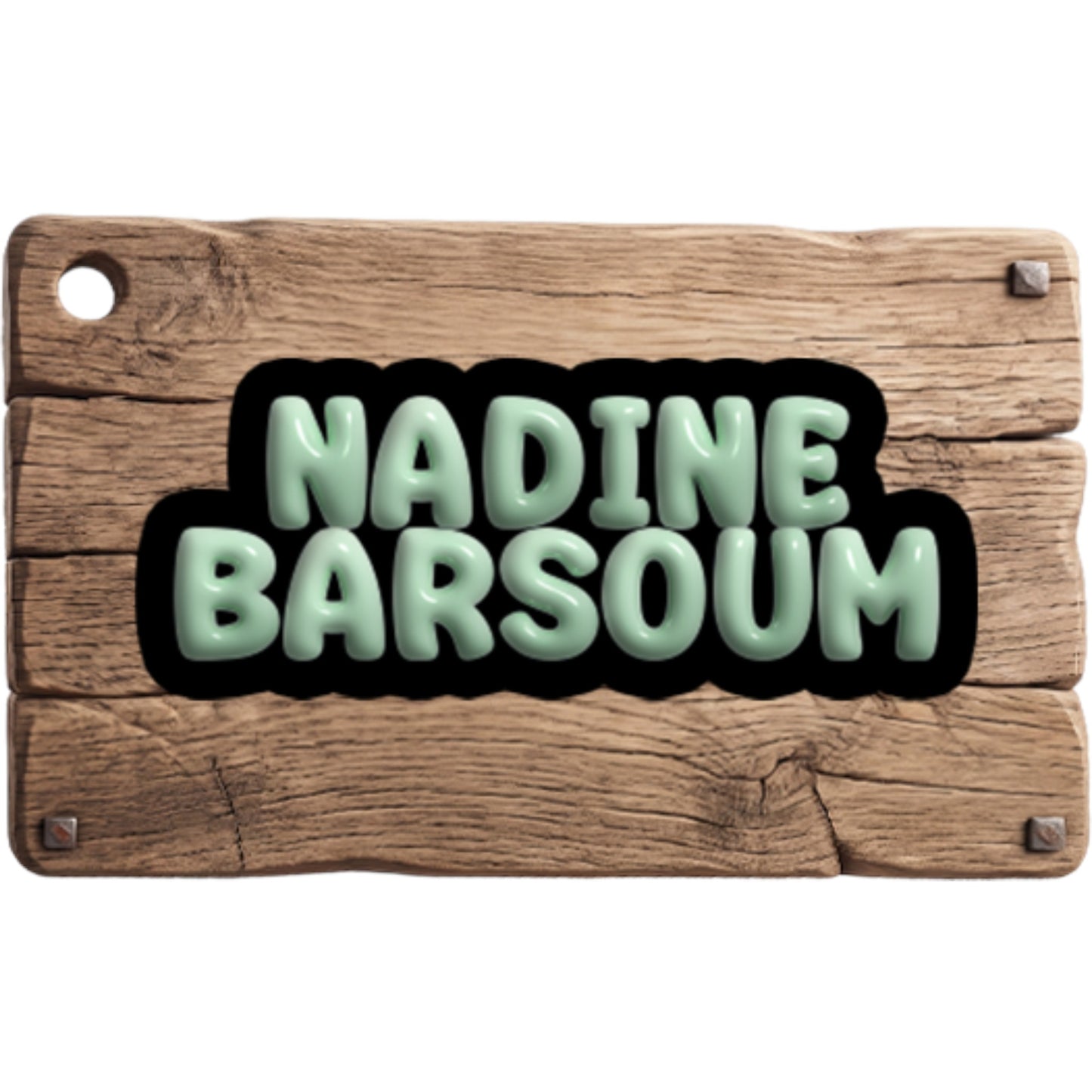 The Craft Corner EG personalised wooden bag tag featuring 3D mint green name cutout on a rustic wood grain background.