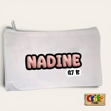 The Craft Corner EG personalized white canvas pencil case with 3D style name cutout Nadine and class label