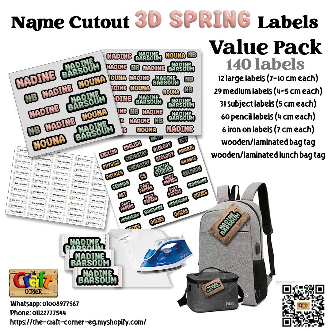 The Craft Corner EG personalized 3D spring name labels value pack with various sizes for school supplies and bags