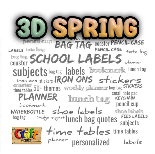 The Craft Corner EG word cloud featuring school labels, bag tags, and stationery items in various fonts and styles.
