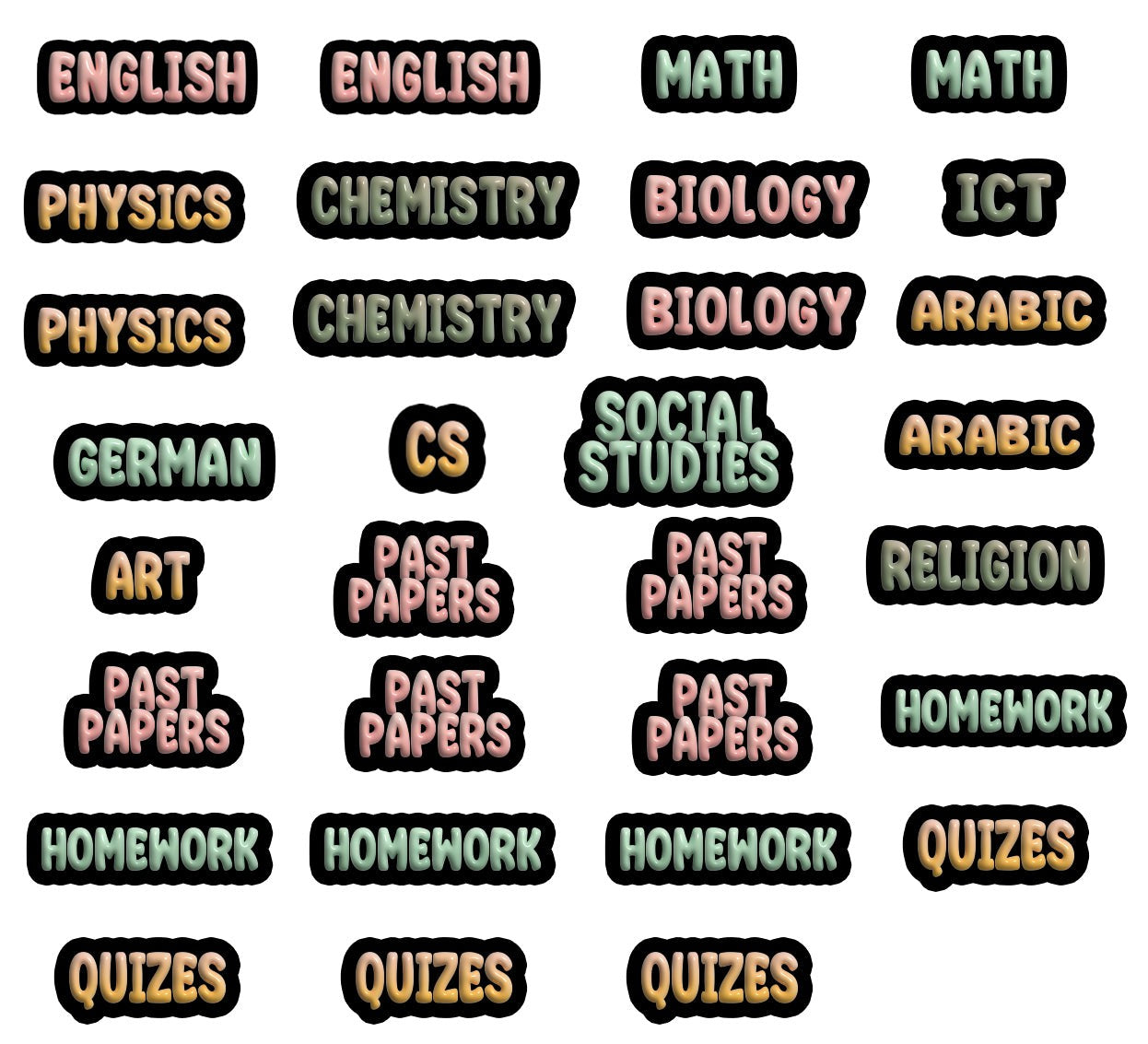 The Craft Corner EG waterproof school subject labels in 3D spring colours for organising stationery and books.