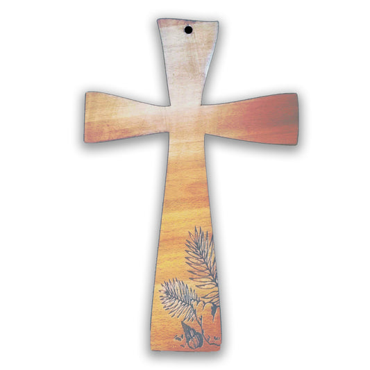 Wooden cross with engraved palm leaves