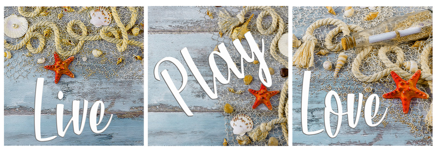 Set of 3 "Live, love, play" printed wooden wall art