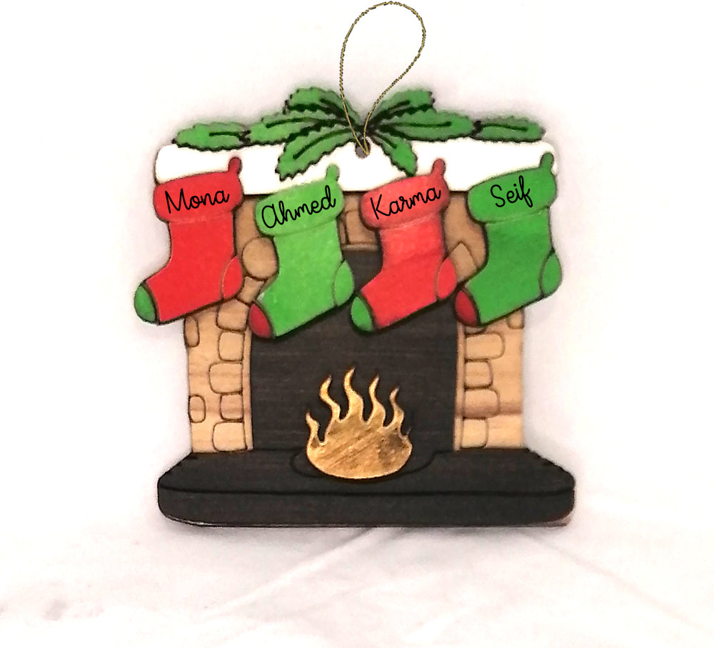 Personalized fireplace with stockings wooden ornament