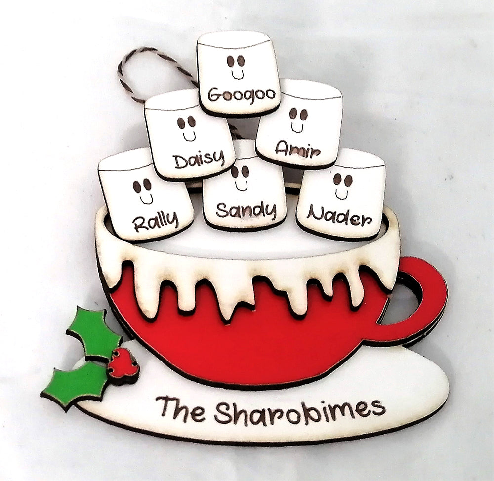 Ornament : Family Personalized marshmallow cup wooden ornament
