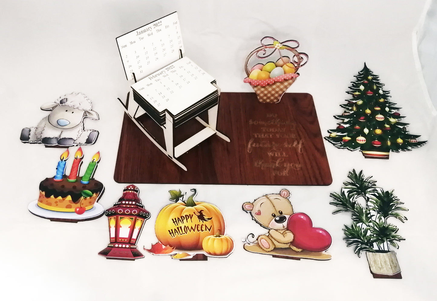 Chair calendar with seasonal decorations