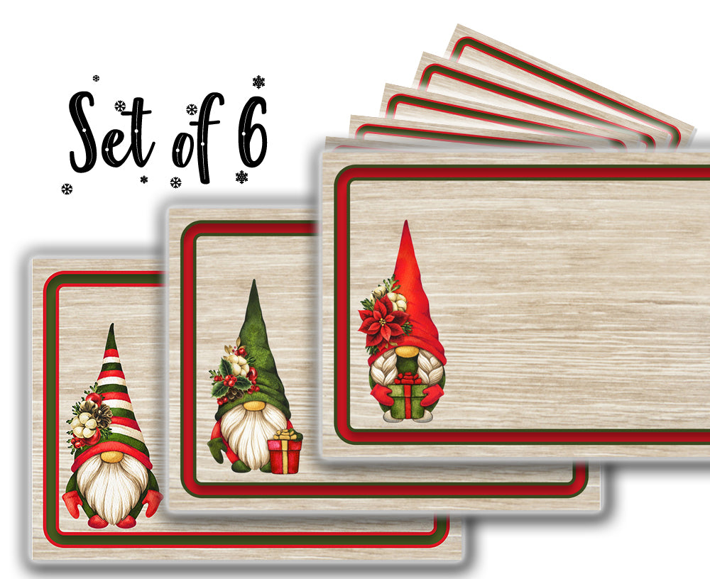 Table mats: Canvas Printed tablemats (Set of 6).. Beige Christmas gnomes design