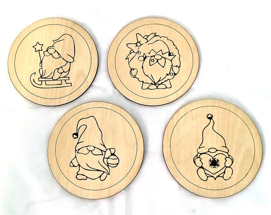 Wooden gnome engraved coasters (set of 4)